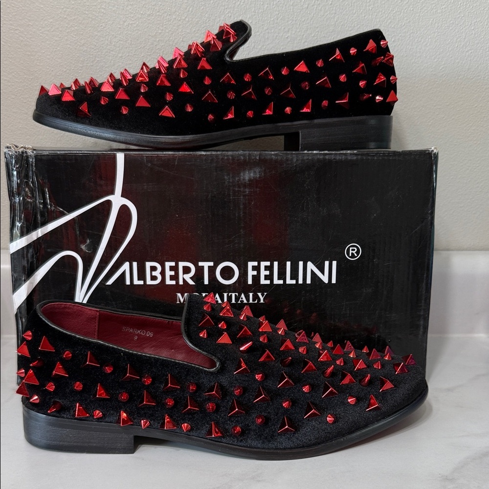 Alberto Fellini Black Velvet Slip-On Loafers with Red Stud Detail